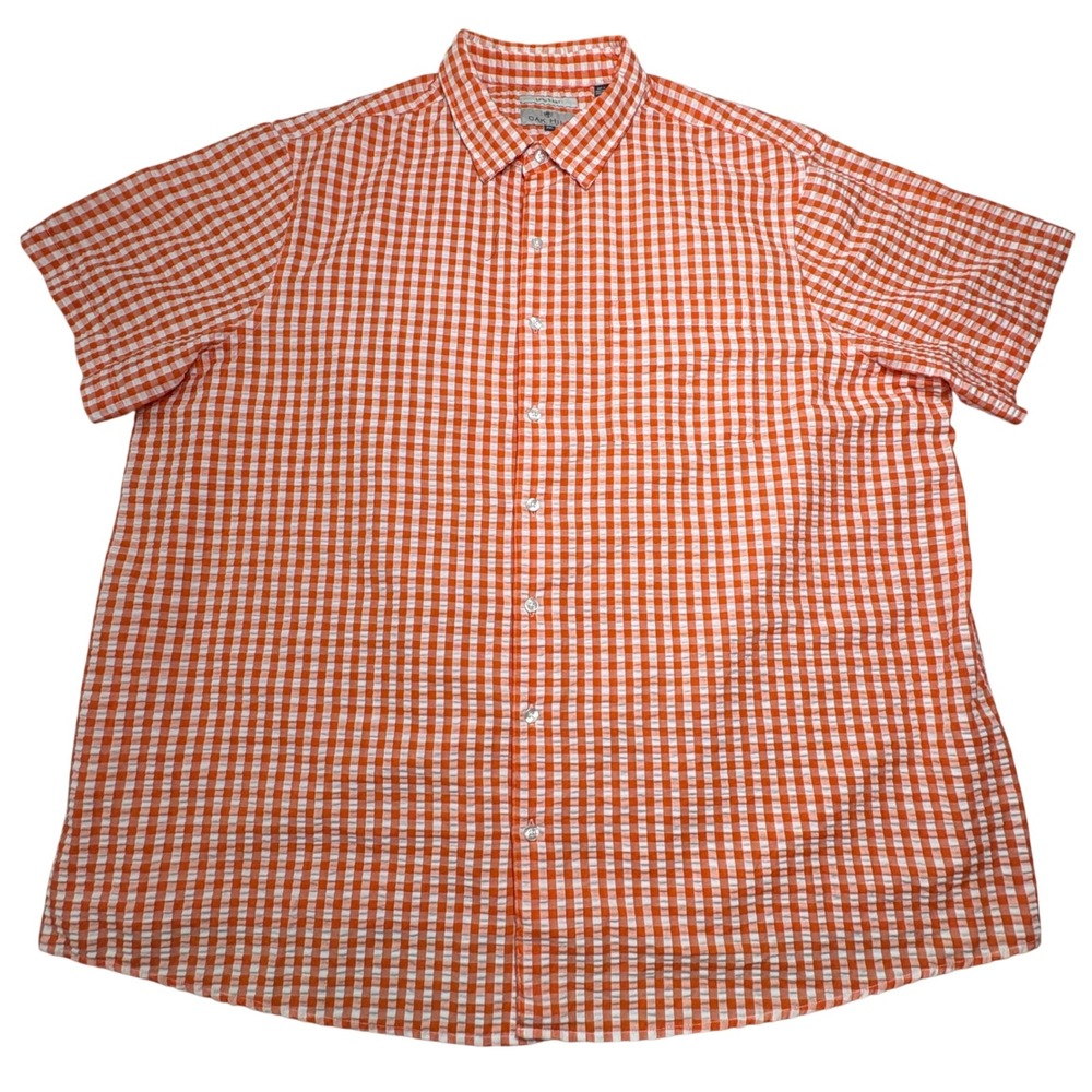 Oak Hill Men 2XL Short Sleeve Button Shirt Seersucker Gingham Check Orange White - Picture 2 of 8